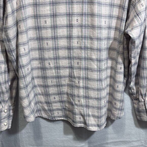XIRENA Plaid Jensen Flannel  Top Size L Oversized Boxy Pearl Snap Ruffle Neck - Picture 11 of 13